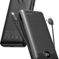 VRURC Portable Charger 20000mAh, Fast Charging Power Bank USB C,4 Output 2 Input Travel Essentials Charging Bank Equipped with LED Display,Built-in Wall Plug and Cables,Phone Charger Battery,Black